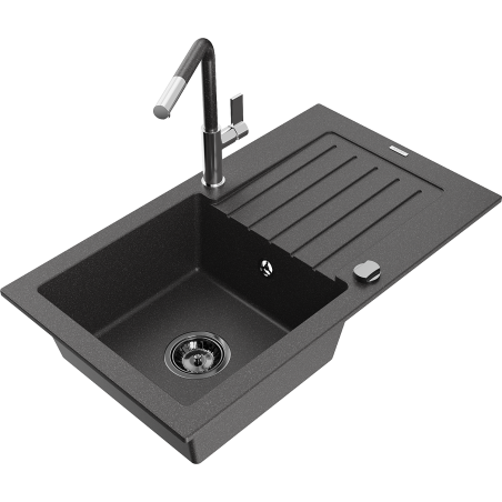 Mexen Pablo Granitspüle 1-Becken mit Abtropffläche und Küchenarmatur Flora, schwarz gesprenkelt - 6510-76-670401-08-B