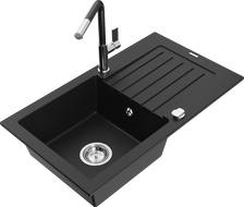 Mexen Pablo granitspüle 1-becken mit abtropffläche und küchenarmatur Flora, schwarz - 6510-77-670401-07