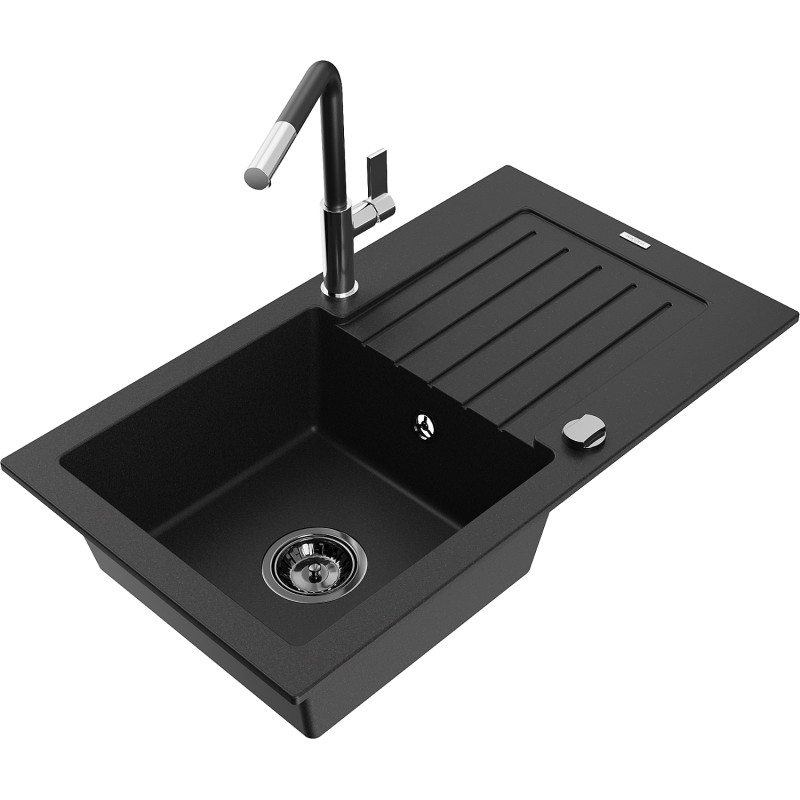 Mexen Pablo Granitspüle 1-Becken mit Abtropffläche und Küchenarmatur Flora, schwarz - 6510-77-670401-07-B