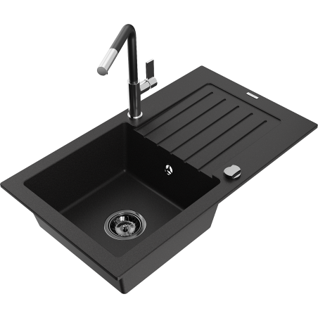 Mexen Pablo Granitspüle 1-Becken mit Abtropffläche und Küchenarmatur Flora, schwarz - 6510-77-670401-07-B