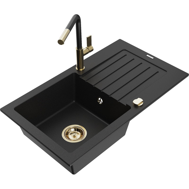 Mexen Pablo granitspüle 1-becken mit abtropffläche und küchenarmatur Flora, schwarz - 6510-77-670401-57-G