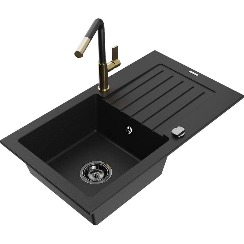 Mexen Pablo Granitspüle 1-Becken mit Abtropffläche und Küchenarmatur Flora, schwarz - 6510-77-670401-57-B