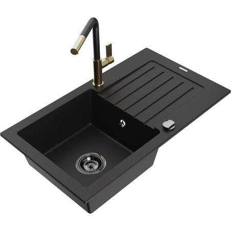 Mexen Pablo Granitspüle 1-Becken mit Abtropffläche und Küchenarmatur Flora, schwarz - 6510-77-670401-57-B