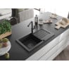 Mexen Pablo Granitspüle 1-beckig mit Abtropffläche und Küchenarmatur Flora, schwarz - 6510-77-670401-70-B