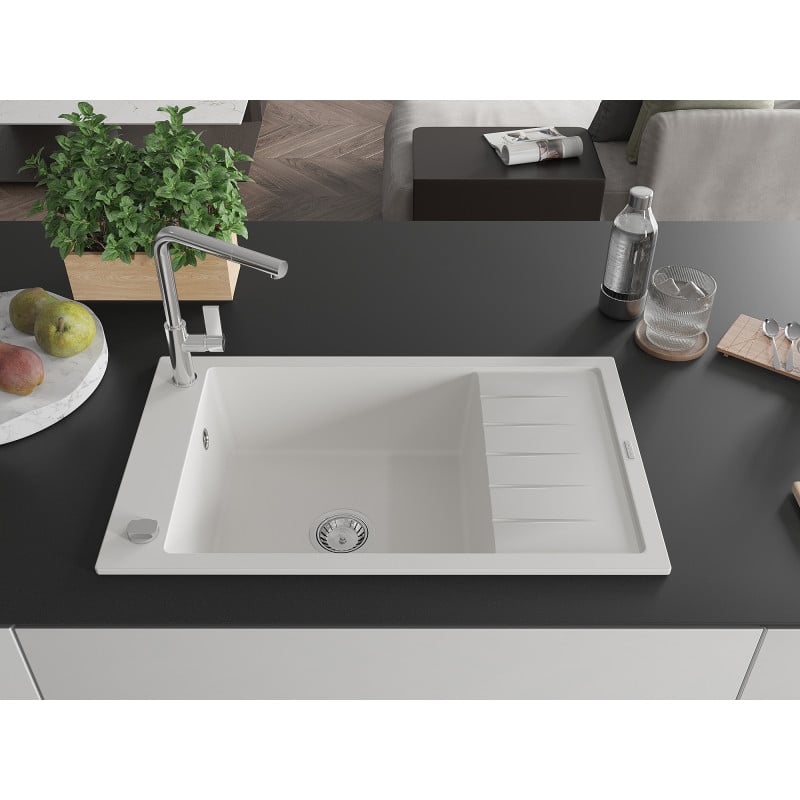 Mexen Elias Granitspüle 1-Becken mit Abtropffläche und Küchenarmatur Flora, weiß - 6511-20-670401-00