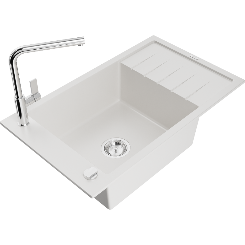 Mexen Elias Granitspüle 1-Becken mit Abtropffläche und Küchenarmatur Flora, weiß - 6511-20-670401-00