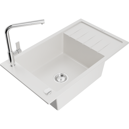 Mexen Elias Granitspüle 1-Becken mit Abtropffläche und Küchenarmatur Flora, weiß - 6511-20-670401-00