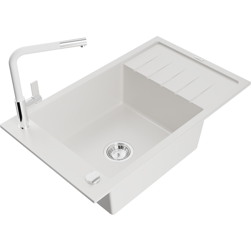 Mexen Elias Granitspüle 1-becken mit Abtropffläche und Küchenarmatur Flora, weiß - 6511-20-670401-02
