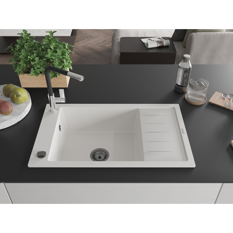 Mexen Elias 1-Schüssel Granitspüle mit Abtropffläche und Küchenarmatur Flora, weiß - 6511-20-670401-07-B