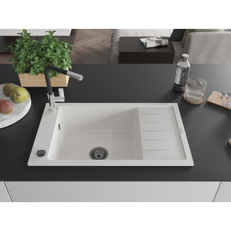 Mexen Elias Granitspüle 1-Becken mit Abtropffläche und Küchenarmatur Flora, weiß - 6511-20-670401-07-B