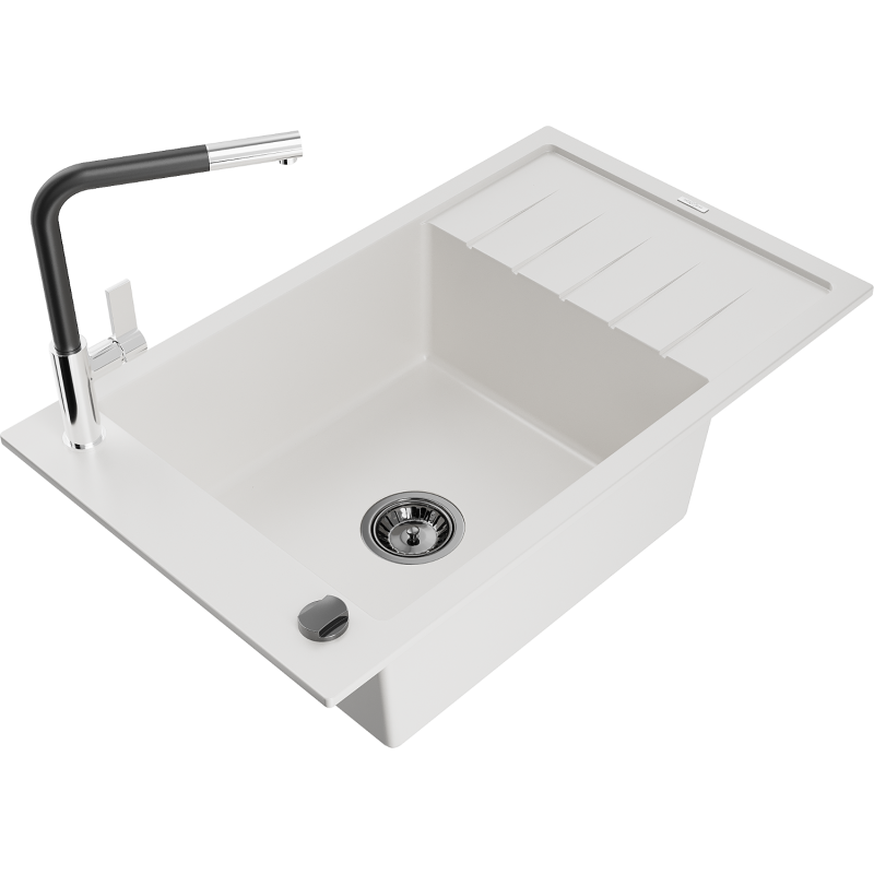 Mexen Elias Granitspüle 1-Becken mit Abtropffläche und Küchenarmatur Flora, weiß - 6511-20-670401-07-B