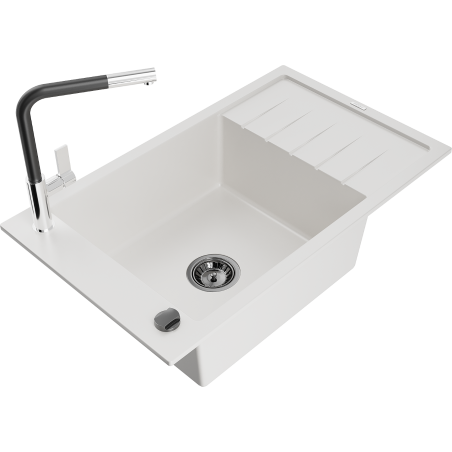 Mexen Elias Granitspüle 1-Becken mit Abtropffläche und Küchenarmatur Flora, weiß - 6511-20-670401-07-B