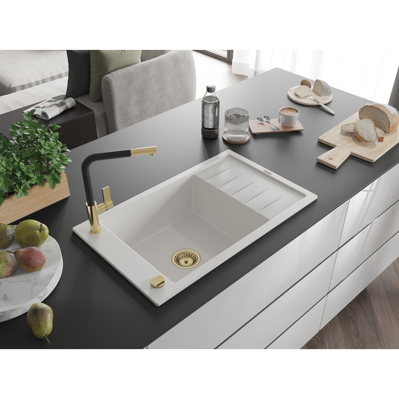 Mexen Elias Granitspüle 1-Becken mit Abtropffläche und Küchenarmatur Flora, weiß - 6511-20-670401-57-G