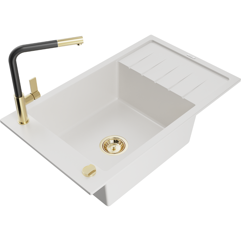 Mexen Elias Granitspüle 1-Becken mit Abtropffläche und Küchenarmatur Flora, weiß - 6511-20-670401-57-G