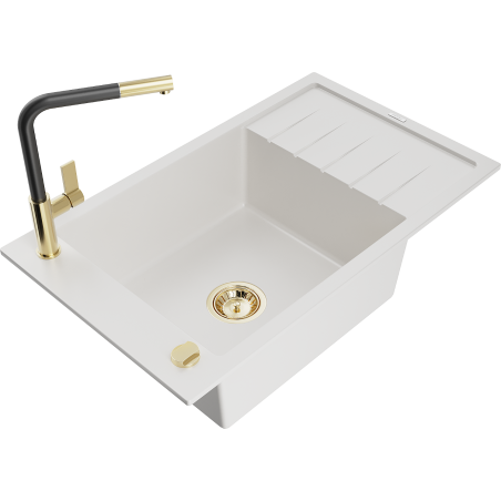 Mexen Elias Granitspüle 1-Becken mit Abtropffläche und Küchenarmatur Flora, weiß - 6511-20-670401-57-G