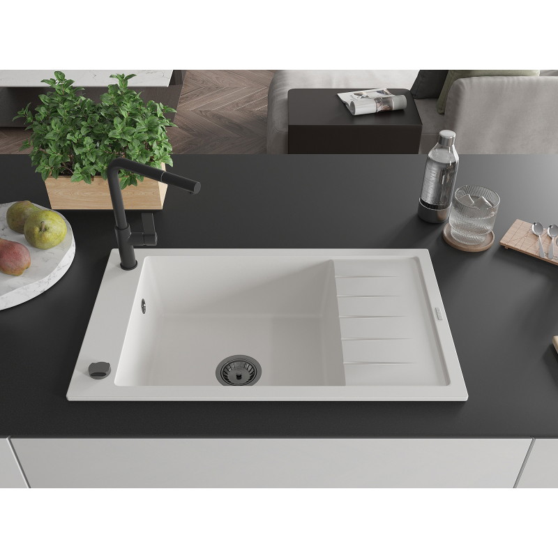 Mexen Elias Einzelbecken Granitspüle mit Abtropffläche und Küchenarmatur Flora, weiß - 6511-20-670401-70-B