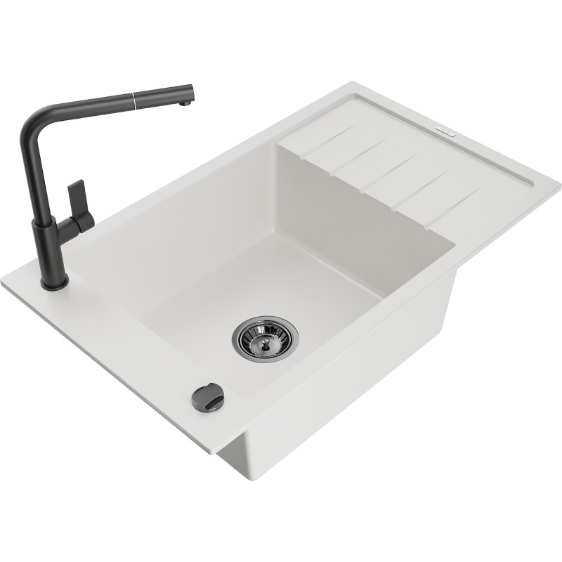 Mexen Elias Einzelbecken Granitspüle mit Abtropffläche und Küchenarmatur Flora, weiß - 6511-20-670401-70-B