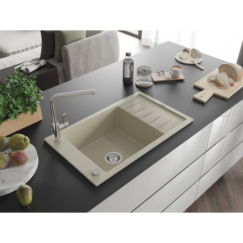 Mexen Elias Granit-Spüle 1-Becken mit Abtropffläche und Küchenarmatur Flora, beige - 6511-69-670401-00