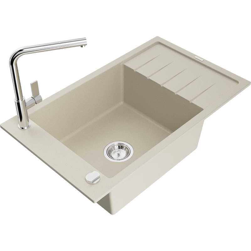 Mexen Elias Granit-Spüle 1-Becken mit Abtropffläche und Küchenarmatur Flora, beige - 6511-69-670401-00