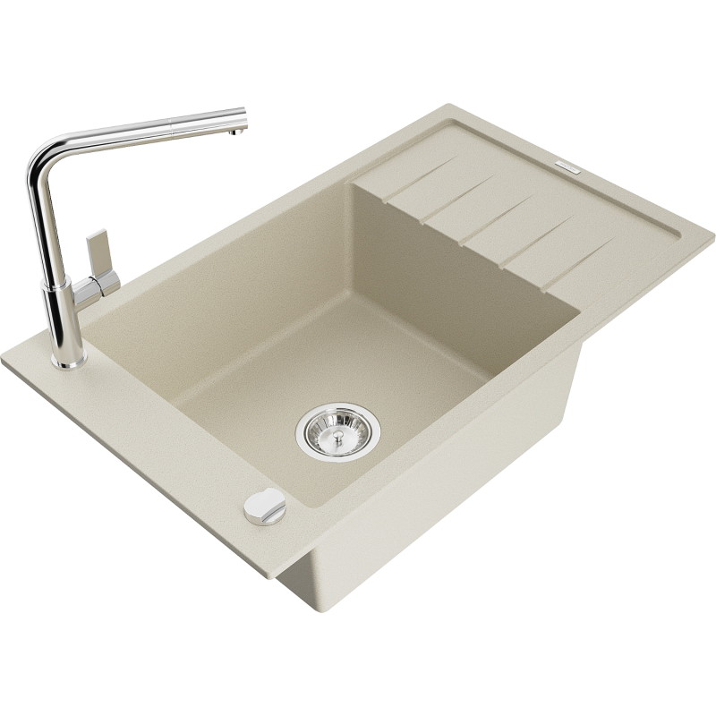 Mexen Elias Granitspüle mit 1 Becken, Abtropffläche und Küchenarmatur Flora, beige - 6511-69-670401-00