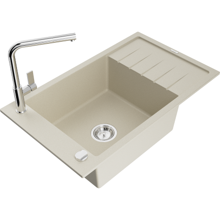 Mexen Elias Granit-Spüle 1-Becken mit Abtropffläche und Küchenarmatur Flora, beige - 6511-69-670401-00