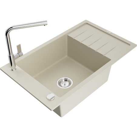Mexen Elias Granitspüle mit 1 Becken, Abtropffläche und Küchenarmatur Flora, beige - 6511-69-670401-00
