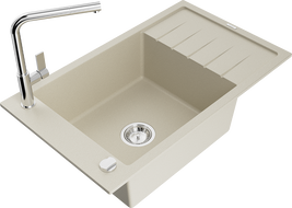 Mexen Elias Granitspüle mit 1 Becken, Abtropffläche und Küchenarmatur Flora, beige - 6511-69-670401-00