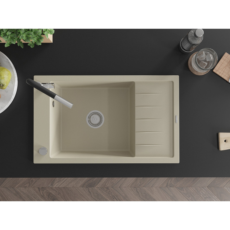 Mexen Elias Granitspüle 1-Becken mit Abtropffläche und Küchenarmatur Flora, beige - 6511-69-670401-07