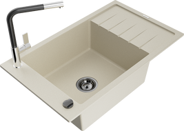 Mexen Elias Granitspüle 1-Becken mit Abtropffläche und Küchenarmatur Flora, beige - 6511-69-670401-07