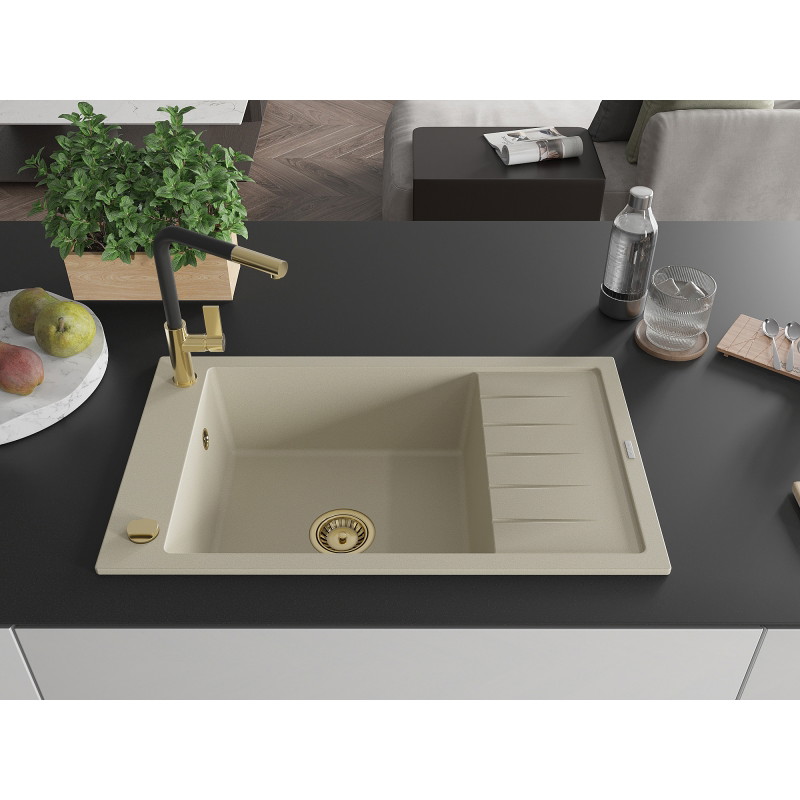 Mexen Elias Granit-Küchenspüle mit 1 Becken, Abtropffläche und Küchenarmatur Flora, beige - 6511-69-670401-57-G