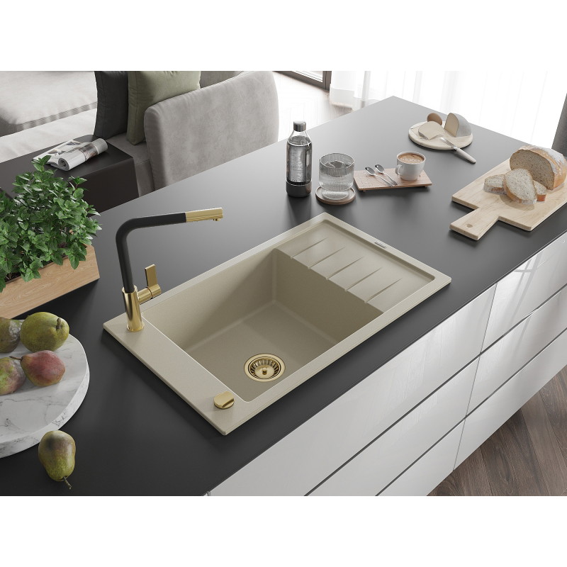 Mexen Elias Granit-Küchenspüle mit 1 Becken, Abtropffläche und Küchenarmatur Flora, beige - 6511-69-670401-57-G