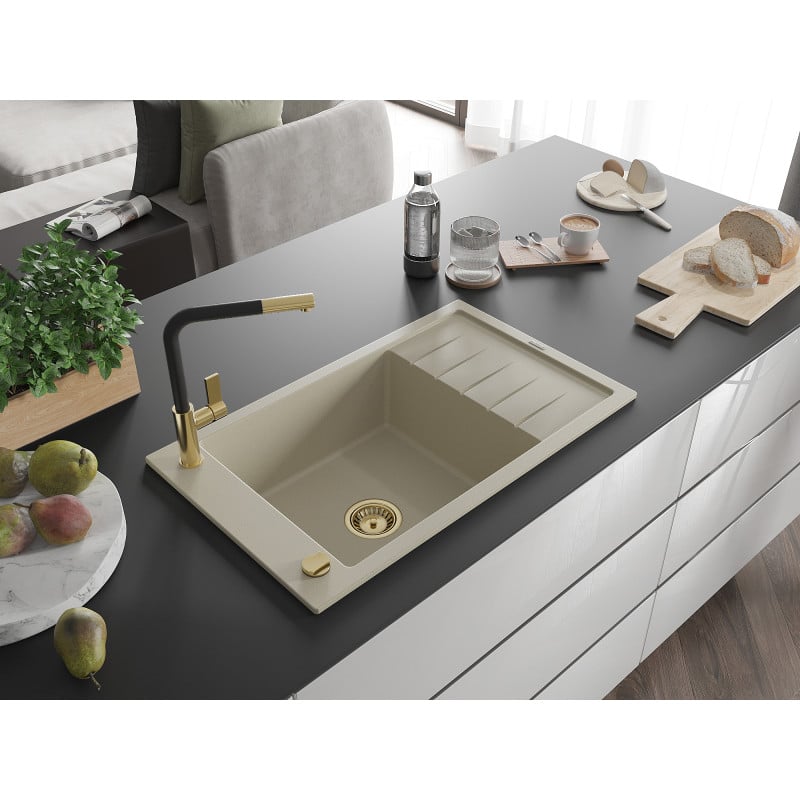 Mexen Elias Granitspüle 1-beckig mit Abtropffläche und Küchenarmatur Flora, beige - 6511-69-670401-57-G