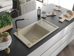 Mexen Elias Granitspüle 1-beckig mit Abtropffläche und Küchenarmatur Flora, beige - 6511-69-670401-57-G