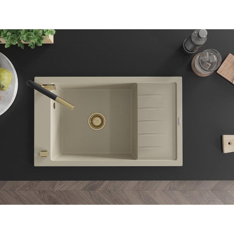 Mexen Elias Granitspüle 1-beckig mit Abtropffläche und Küchenarmatur Flora, beige - 6511-69-670401-57-G