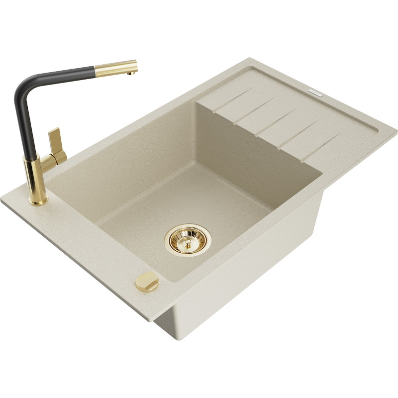 Mexen Elias Granitspüle 1-Becken mit Abtropffläche und Küchenarmatur Flora, beige - 6511-69-670401-57-G