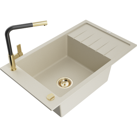 Mexen Elias Granit-Küchenspüle mit 1 Becken, Abtropffläche und Küchenarmatur Flora, beige - 6511-69-670401-57-G