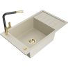 Mexen Elias Granitspüle 1-beckig mit Abtropffläche und Küchenarmatur Flora, beige - 6511-69-670401-57-G