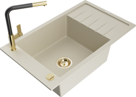 Mexen Elias Granit-Küchenspüle mit 1 Becken, Abtropffläche und Küchenarmatur Flora, beige - 6511-69-670401-57-G
