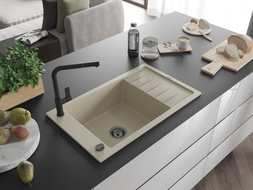 Mexen Elias Granitspüle 1-Becken mit Abtropffläche und Küchenarmatur Flora, beige - 6511-69-670401-70-B
