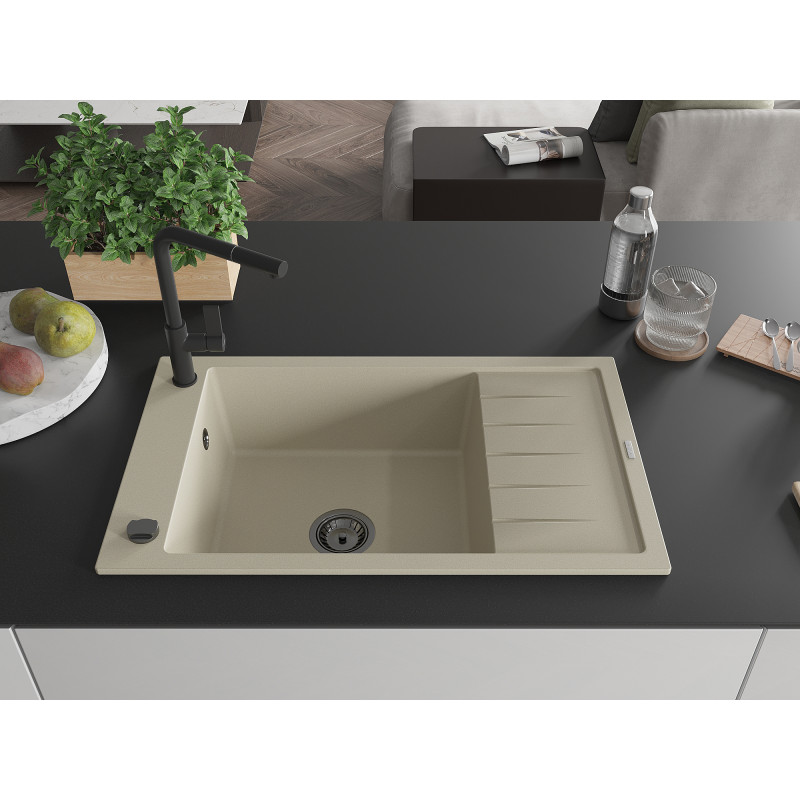 Mexen Elias Granitspüle 1-Becken mit Abtropffläche und Küchenarmatur Flora, beige - 6511-69-670401-70-B