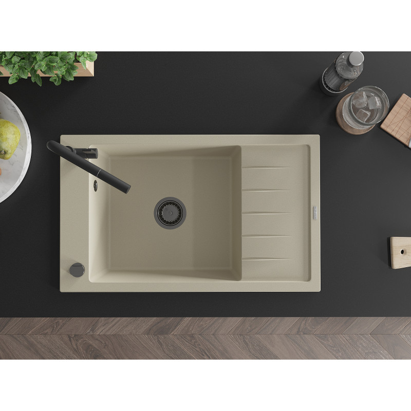 Mexen Elias Granitspüle 1-Becken mit Abtropffläche und Küchenarmatur Flora, beige - 6511-69-670401-70-B