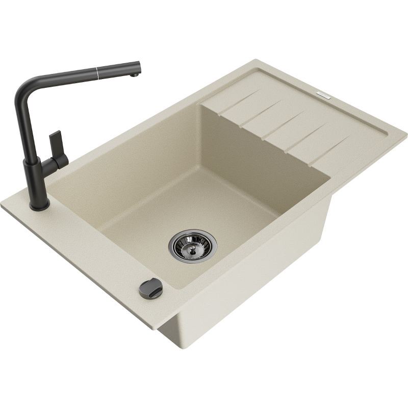 Mexen Elias Granitspüle 1-Becken mit Abtropffläche und Küchenarmatur Flora, beige - 6511-69-670401-70-B
