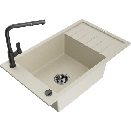 Mexen Elias Granitspüle 1-Becken mit Abtropffläche und Küchenarmatur Flora, beige - 6511-69-670401-70-B