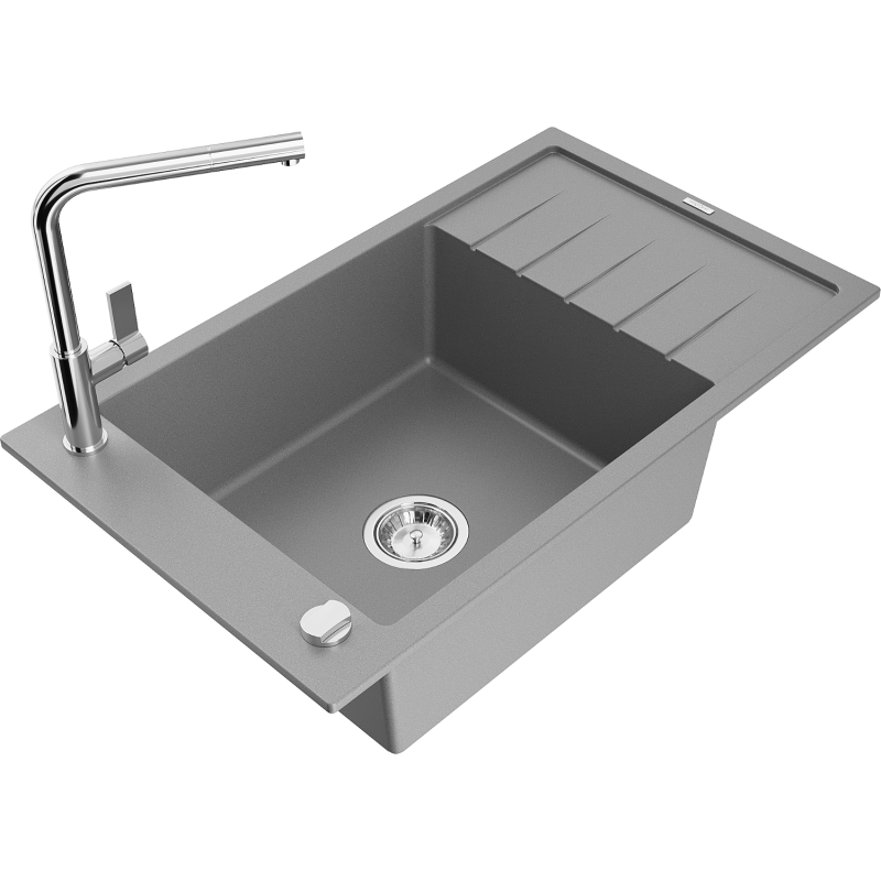 Mexen Elias Granitspüle 1-Becken mit Abtropffläche und Küchenarmatur Flora, grau - 6511-71-670401-00