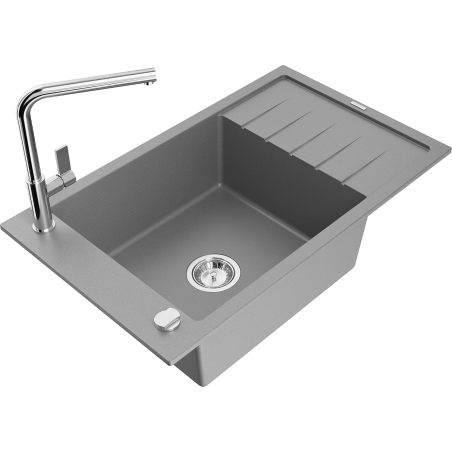 Mexen Elias Granitspüle 1-Becken mit Abtropffläche und Küchenarmatur Flora, grau - 6511-71-670401-00