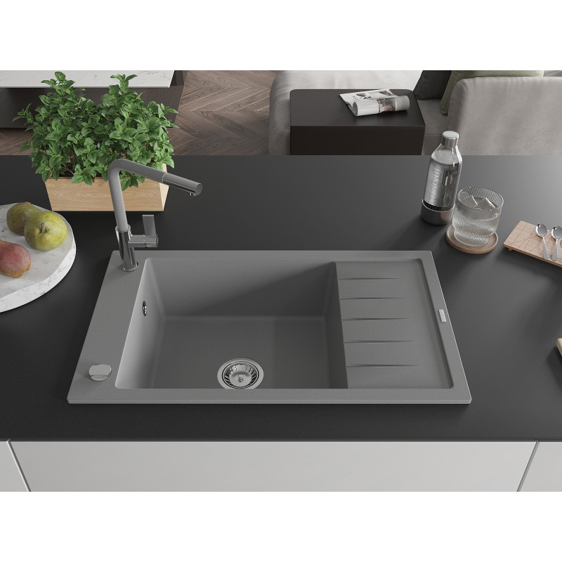 Mexen Elias granitspüle 1-becken mit abtropffläche und küchenarmatur Flora, grau - 6511-71-670401-06