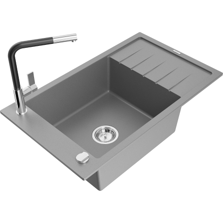 Mexen Elias Granitspüle 1-Becken mit Abtropffläche und Küchenarmatur Flora, grau - 6511-71-670401-07