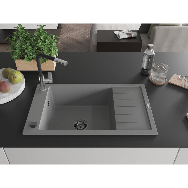 Mexen Elias Granitspüle 1-Becken mit Abtropffläche und Küchenarmatur Flora, grau - 6511-71-670401-07-B