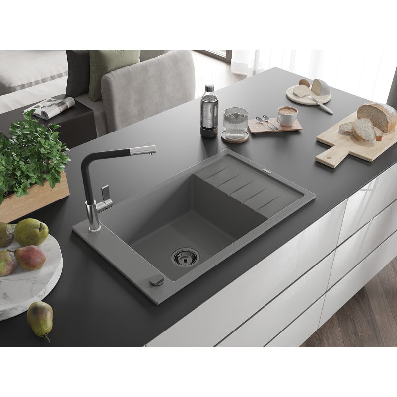 Mexen Elias Granitspüle 1-Becken mit Abtropffläche und Küchenarmatur Flora, grau - 6511-71-670401-07-B