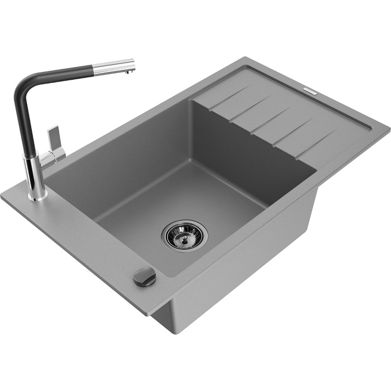 Mexen Elias Granitspüle 1-Kammer mit Abtropffläche und Küchenarmatur Flora, grau - 6511-71-670401-07-B